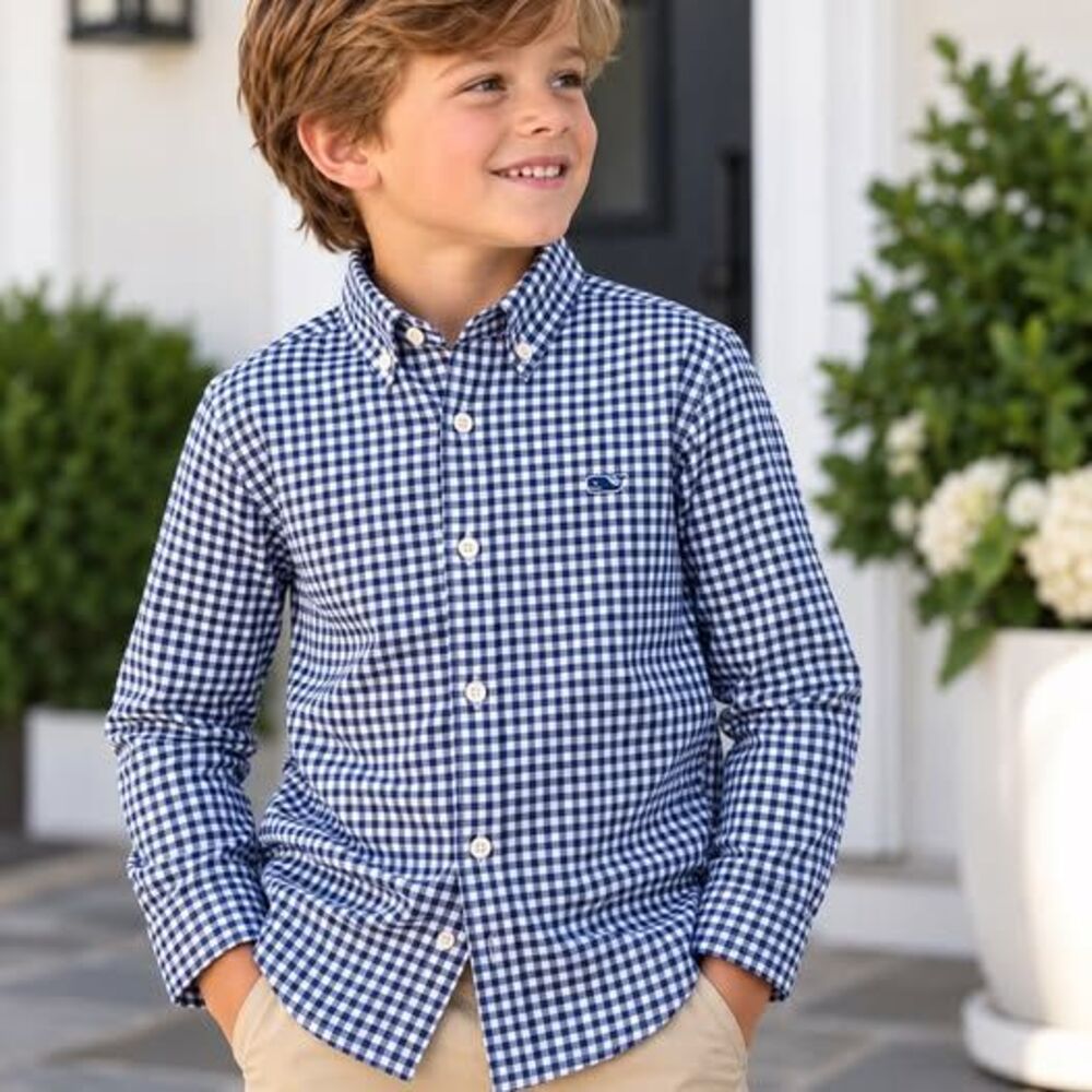Vineyard Vines Boys whale featherweight Performance Gingham Shirt – Size 7